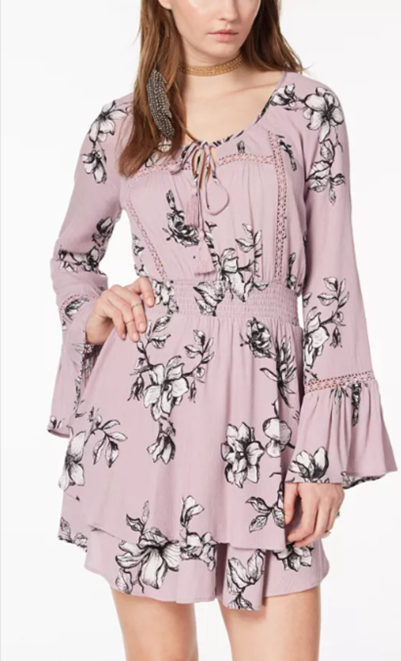 American Rag Juniors' Printed Crochet-Trimmed Peasant Dress Boho Purple